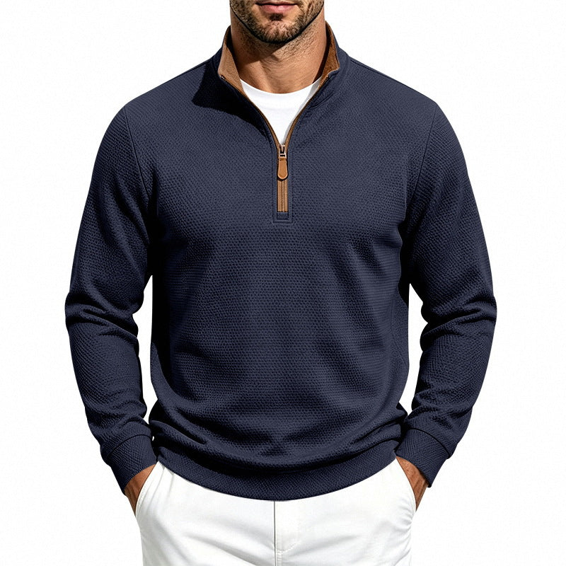 Men's Half-Zip Pullover with Waffle Texture and Contrast Collar Mune Fashion