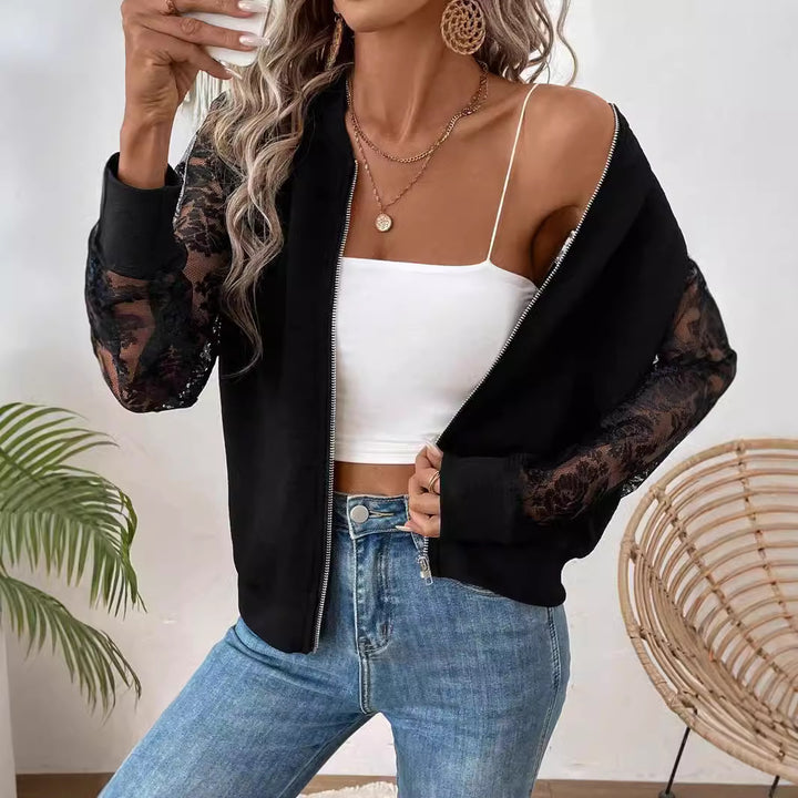 Women's lightweight bomber jacket with floral lace sleeves and zipper Mune Fashion