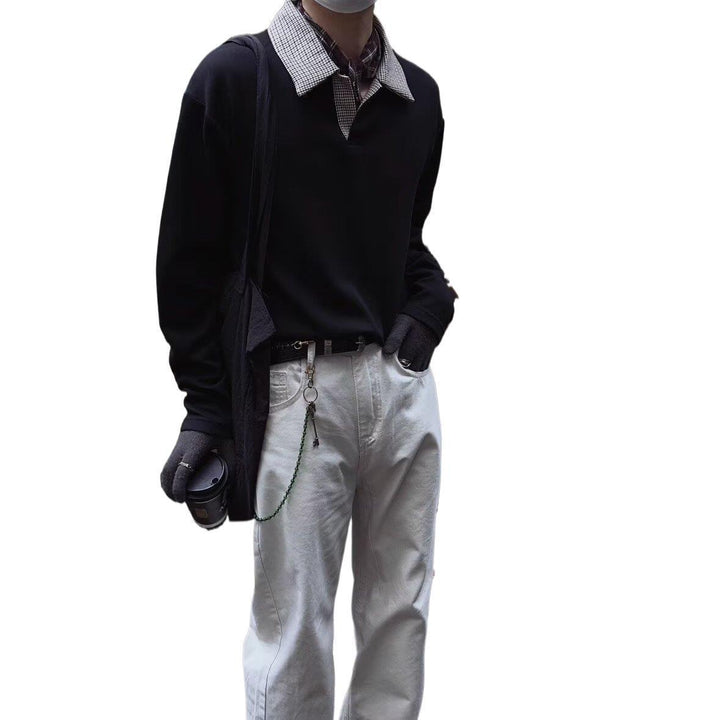 Women's Long Sleeve Polo Shirt with Contrasting Houndstooth Pattern Collar Mune Fashion