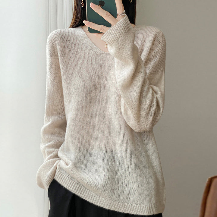 Women's Oversized Fine Knit Sweater with Fine V-Neck and Extended Sleeve Hem Mune Fashion