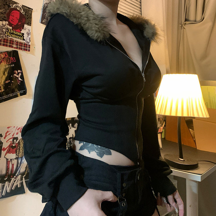 Women's Short-Fit Hoodie with Shaping Rib Corsage and Full-Length Zipper Mune Fashion