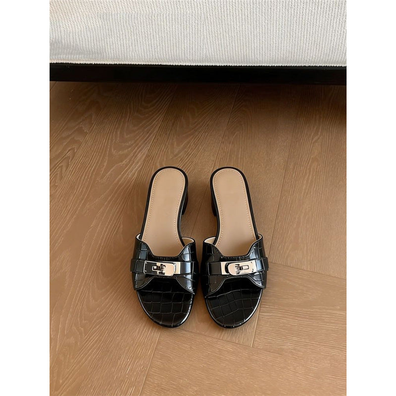 Damen elegante Croc‑Patent‑Mules mit kleinem Blockabsatz Mune Fashion