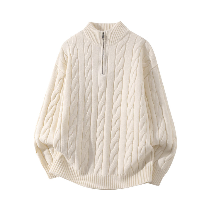 Women's Oversize Cable Knit Half Zip Sweater with Balloon Sleeves and Stand-Up Collar Mune Fashion