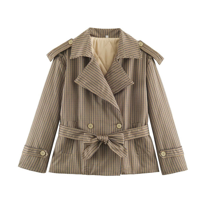 Women's short trench coat in checkered pattern with waist belt, shoulder straps and quilted inner lining Mune Fashion