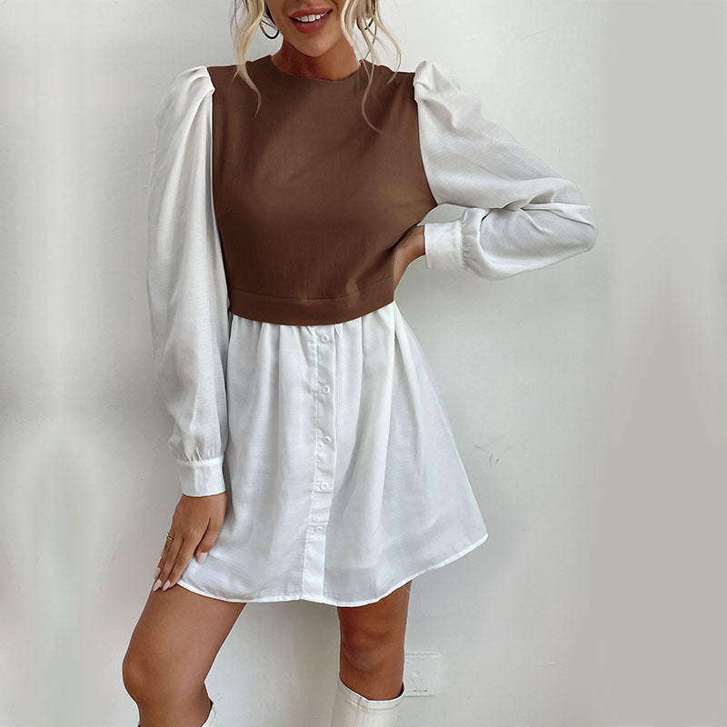Ladies' shirt dress with inset cropped vest, puff sleeves, and tailored silhouette Mune Fashion
