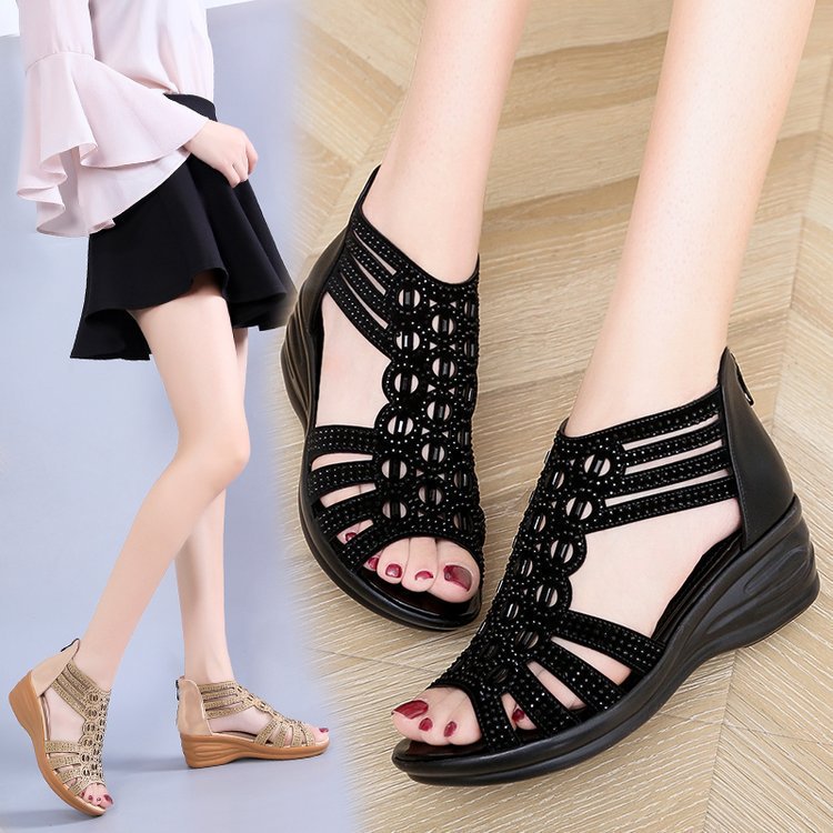 Women’s Buckle Wedge Sandal with Closed Heel, Decorative Stone Accents and Ergonomic Comfort Footbed Mune Fashion