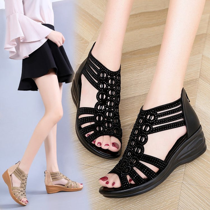 Women’s Buckle Wedge Sandal with Closed Heel, Decorative Stone Accents and Ergonomic Comfort Footbed Mune Fashion