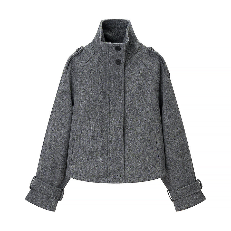 Women's short cut wool blend cropped jacket with stand-up collar, epaulettes, and adjustable sleeve straps Mune Fashion