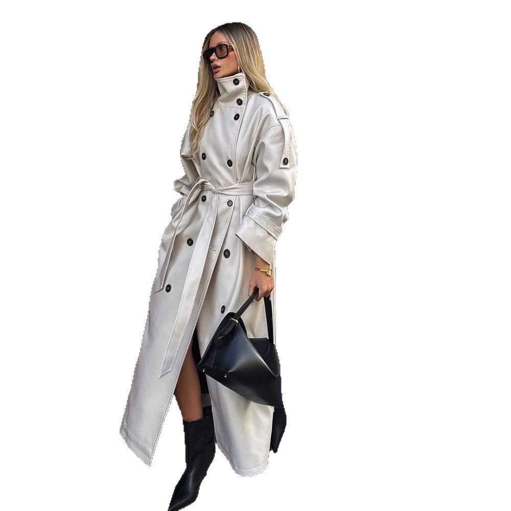 Women’s Long Trench Coat with High Standing Collar, Double-Breasted Button Placket and Wide Cuffs Mune Fashion