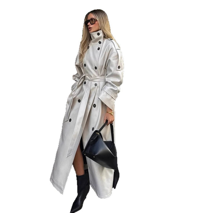 Women’s Long Trench Coat with High Standing Collar, Double-Breasted Button Placket and Wide Cuffs Mune Fashion