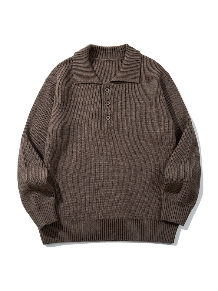 Men's Ribbed Polo Collar Sweater with Triple Button Placket and Relaxed Fit Mune Fashion