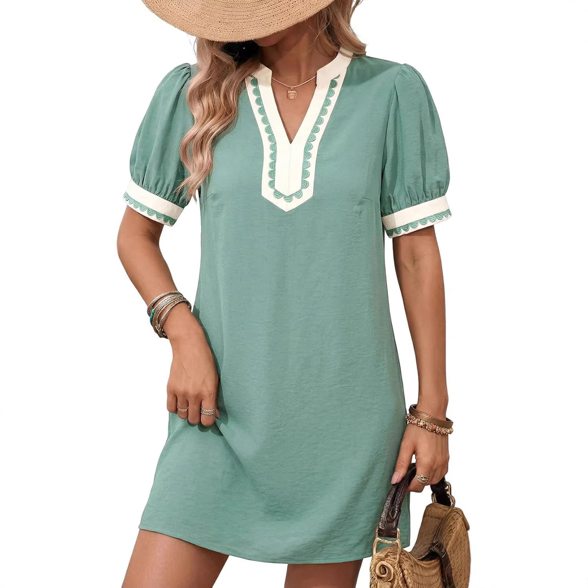 Women Loose A-Line Minidress with Puff Sleeves, V-Notch and Contrasting Trim Mune Fashion