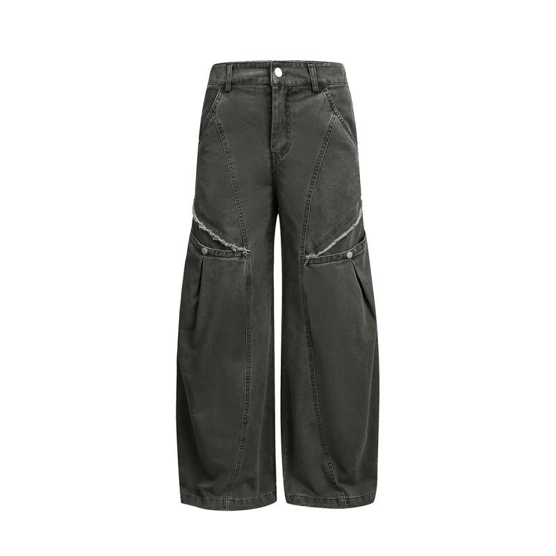 Women's Wide Balloon Cargo Pants with High Waist, Large Flap Pockets and Visible Stitching Details Mune Fashion