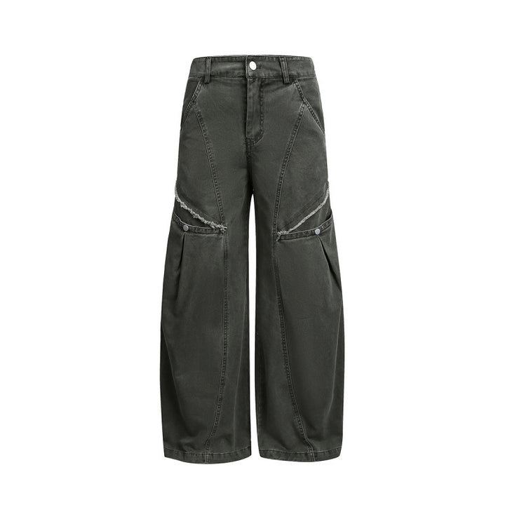 Women's Wide Balloon Cargo Pants with High Waist, Large Flap Pockets and Visible Stitching Details Mune Fashion