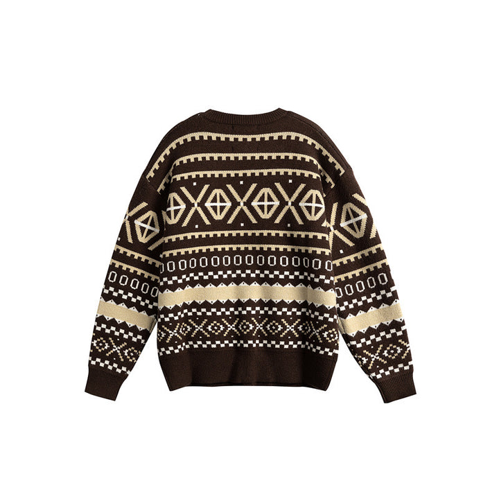 Unisex Patterned Chunky Knit Sweater in Norwegian Style with Round Neck
