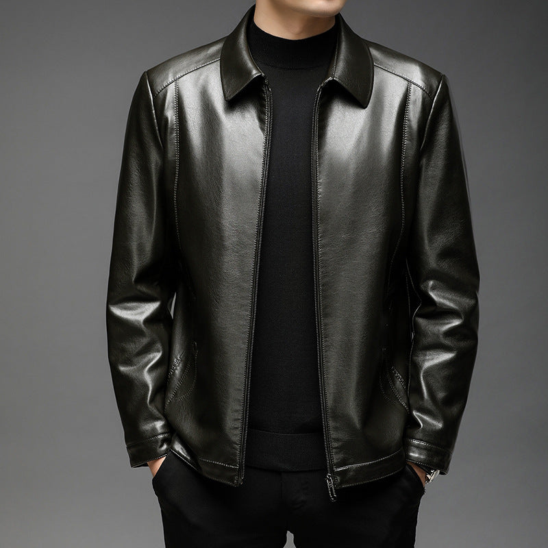 Men's Smooth Faux Leather Zip Jacket in Shirt Collar Style with Minimalist Seam Design Mune Fashion