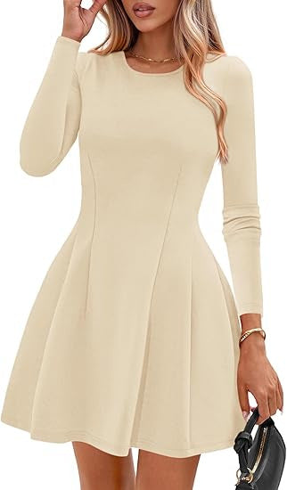 Women's Long-Sleeve A-Line Skater Dress with Figure-Flattering Seams Drune