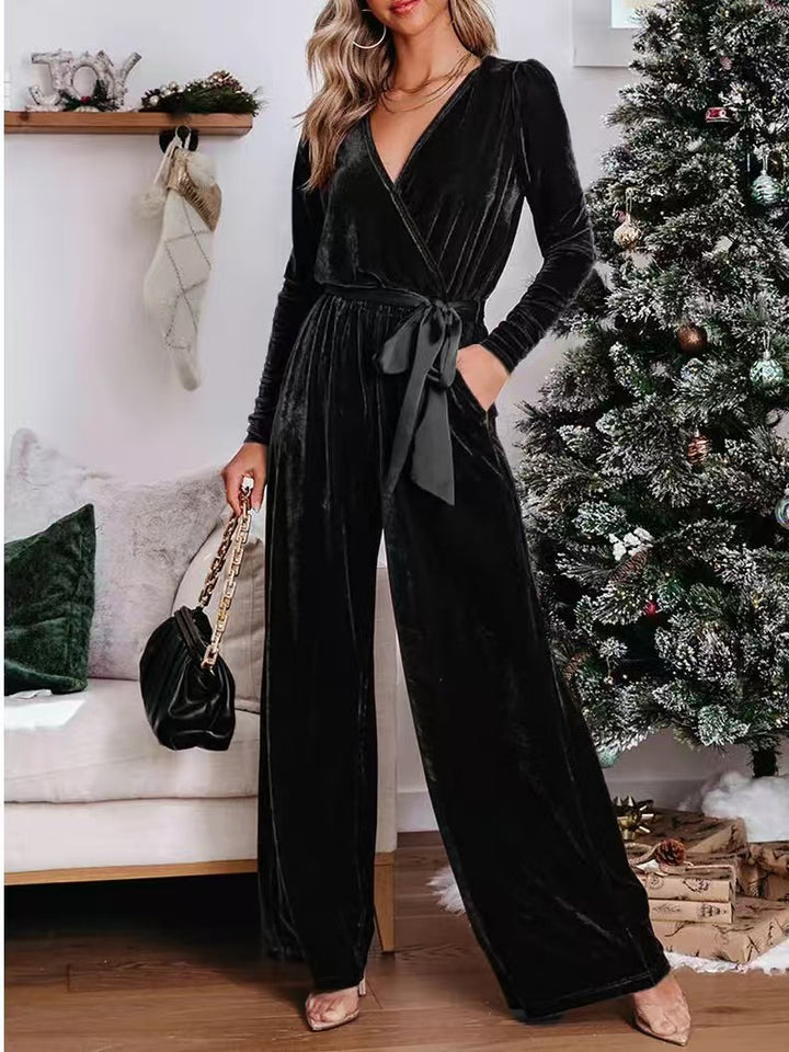 Women's Velvet Jumpsuit with Wrap V-Neck, Wide Leg and Waist Belt Drune