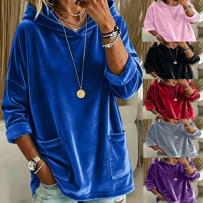 Women Velvet Hoodie with Hood, Oversized Cut and Applied Pockets Mune Fashion