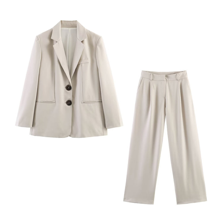 Women's Two-Piece Business Suit Set with Boxy Two-Button Blazer and Wide High-Rise Trousers Mune Fashion