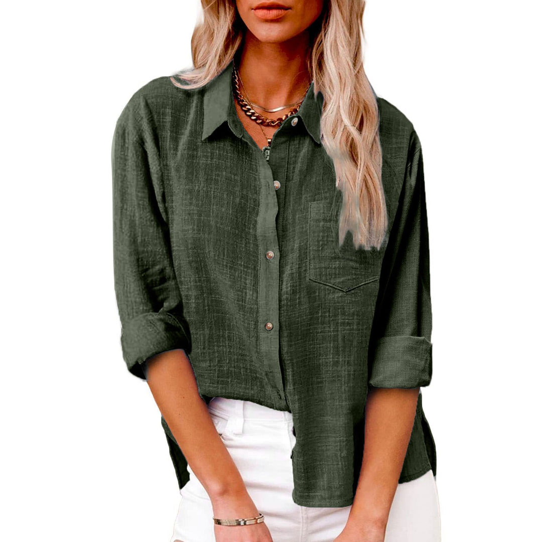 Women's oversized linen-cotton blend shirt blouse with breast pocket and roll-up sleeves Mune Fashion