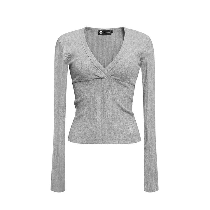 Women's Fitted Ribbed Wrap Top with Deep V-Neck Dress