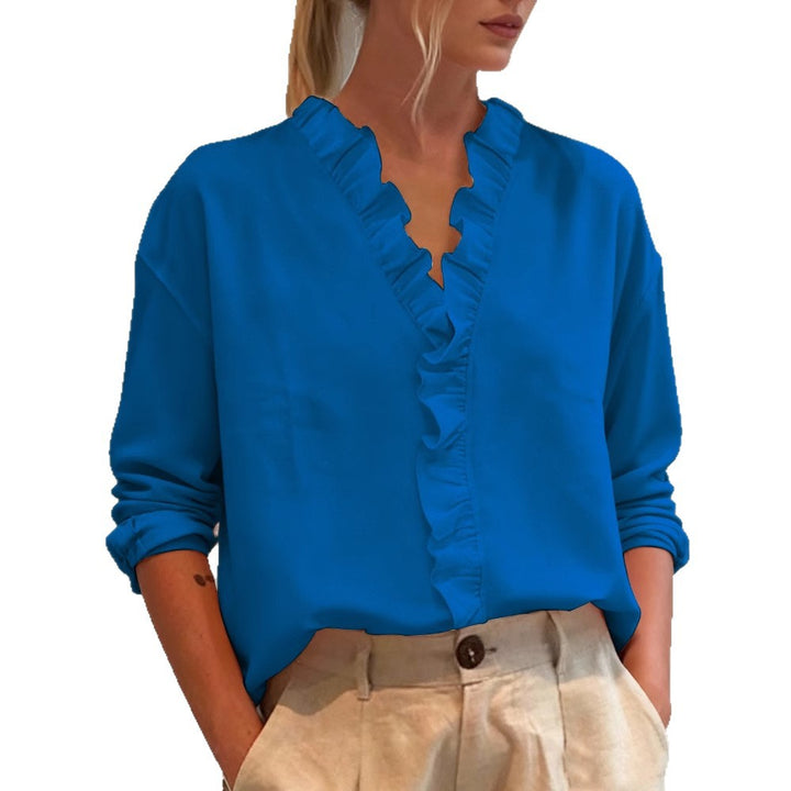 Ladies Elegant V-Neck Blouse with Ruffle Trim and Loose Oversized Cut
