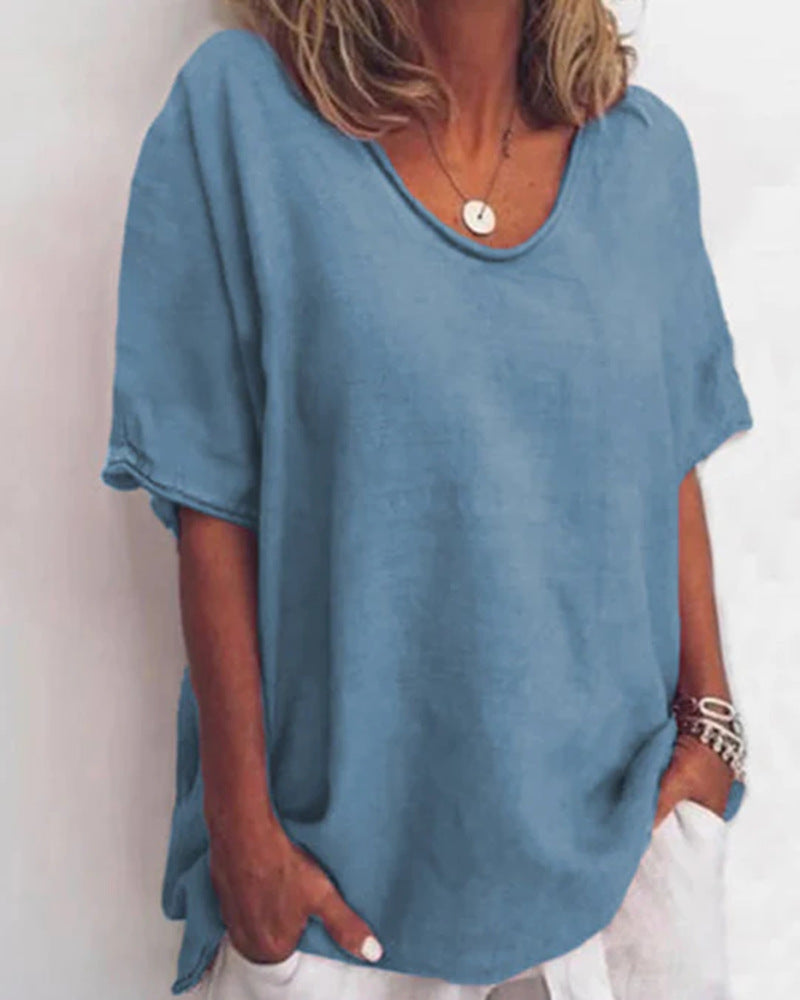 Women's loose linen blend tunic with dropped shoulder and rounded hem Mune Fashion