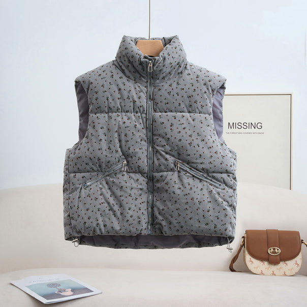 Women's non-quilted corduroy look insulation vest with floral microprint, high shawl collar, and diagonal zip pockets Mune Fashion