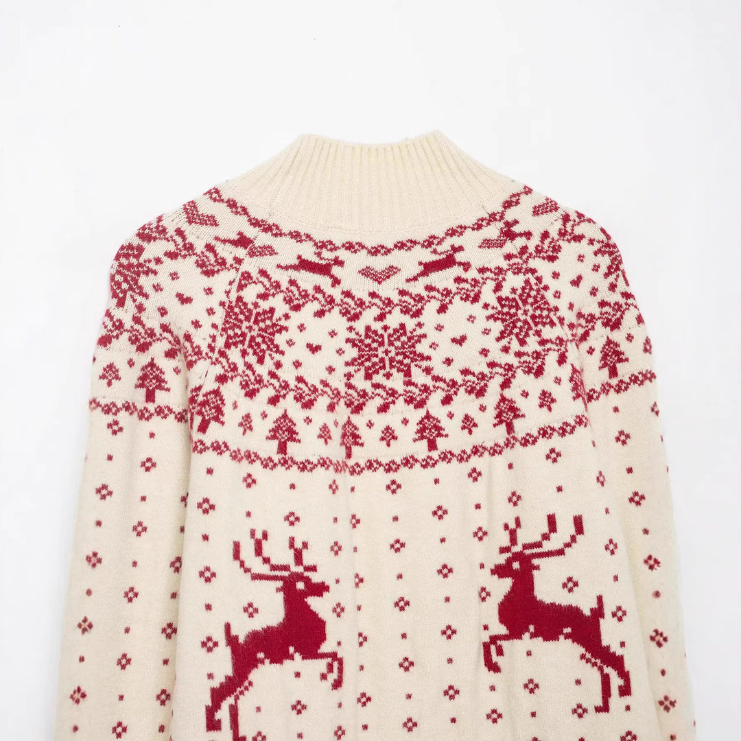 Women's short Norwegian knit sweater with high ribbed collar and reindeer motif Mune Fashion