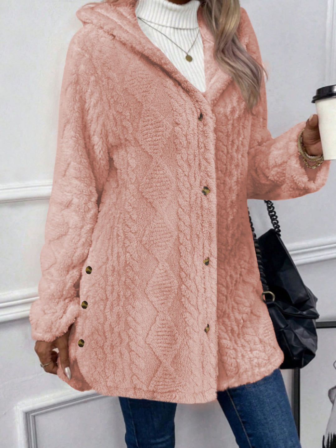 Women’s Oversized Knitted Coat with Hood, Jacquard Structure and Button Placket Mune Fashion