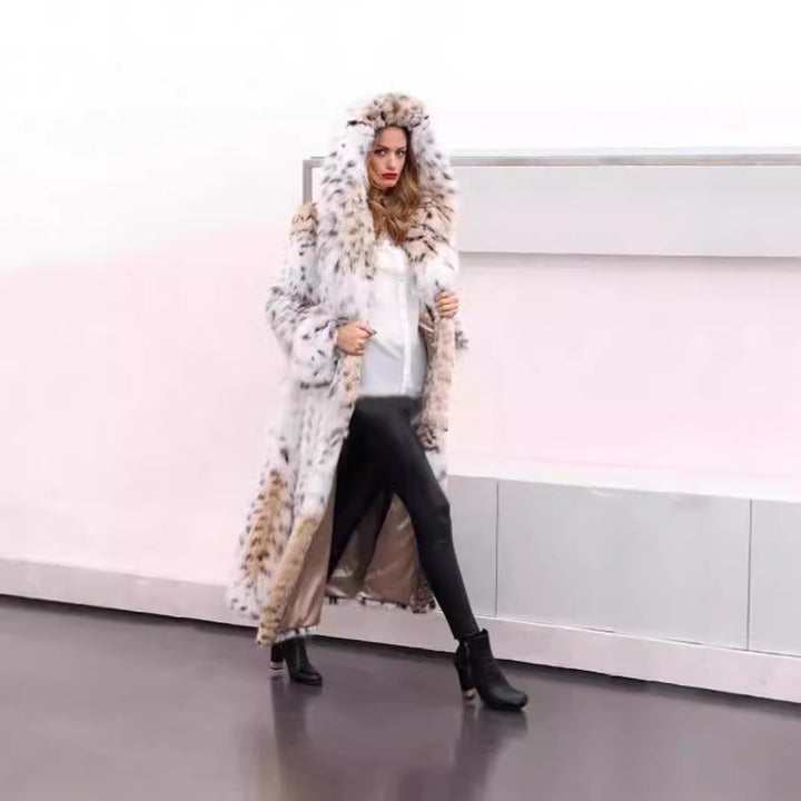 Women's Longer Faux Fur Coat with Hood and Lynx Look Mune Fashion