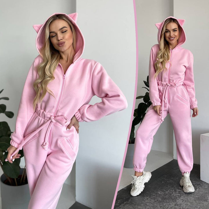Women Cozy Hooded Overall with Cat Ears and Waist Drawstring Mune Fashion