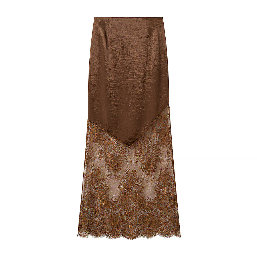 Women’s midi skirt made of satin with pointed front and transparent lace trim Mune Fashion