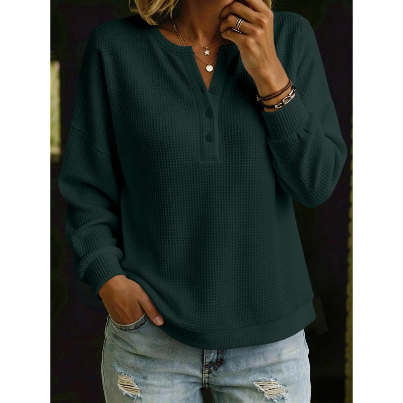 Women's Waffle Knit Henley Sweater with Oversized Cut Mune Fashion
