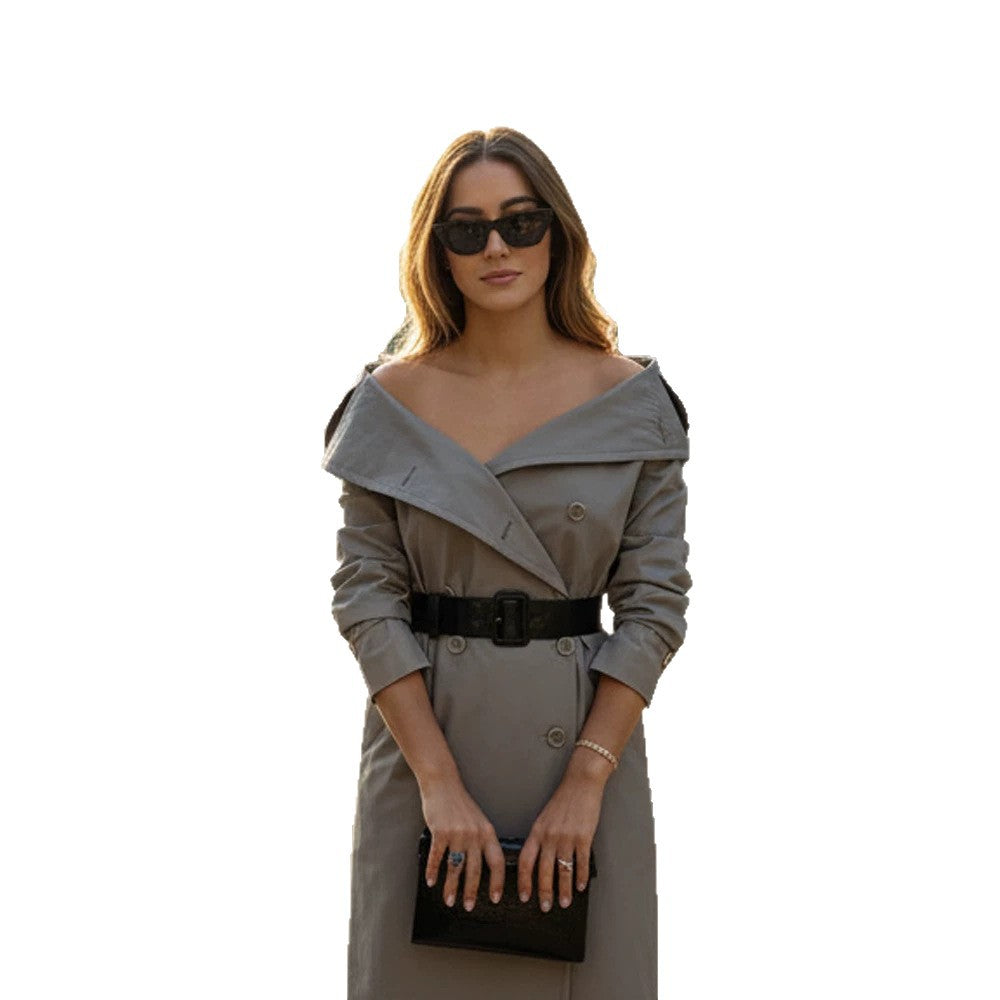 Women Off-Shoulder Trench Dress with Double-Breasted Button Placket and Fitted Patent Belt Mune Fashion