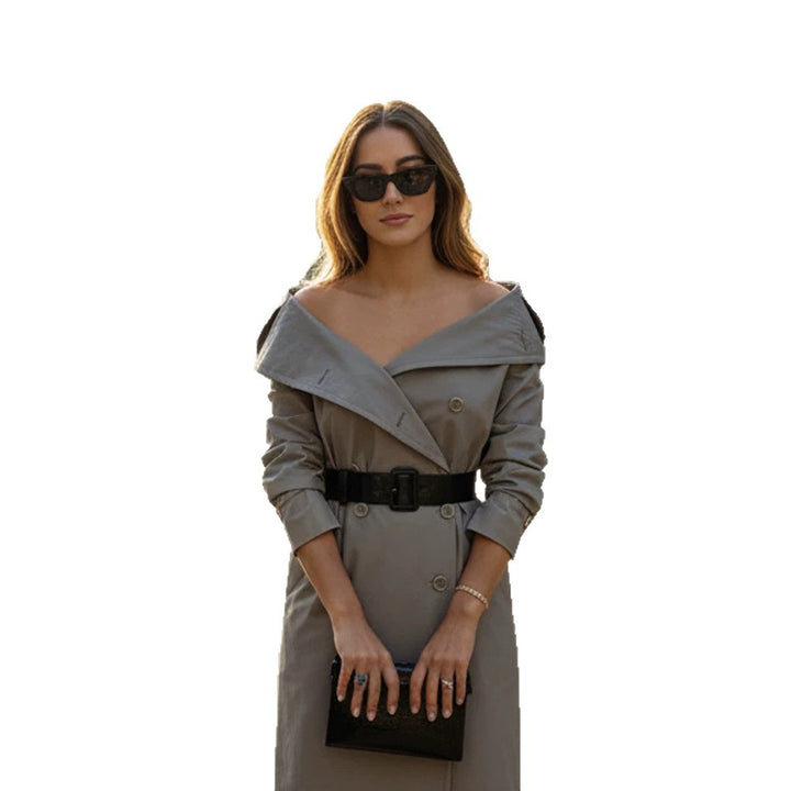 Women Off-Shoulder Trench Dress with Double-Breasted Button Placket and Fitted Patent Belt Mune Fashion