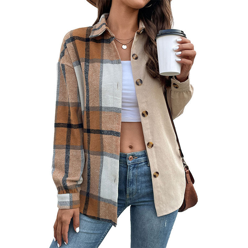 Women's shirt jacket in two-tone check and corduroy mix with oversized cut Mune Fashion