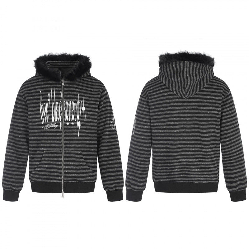 Unisex Striped Hooded Zip Jacket with Faux Fur Hood and Statement Front Print Mune Fashion