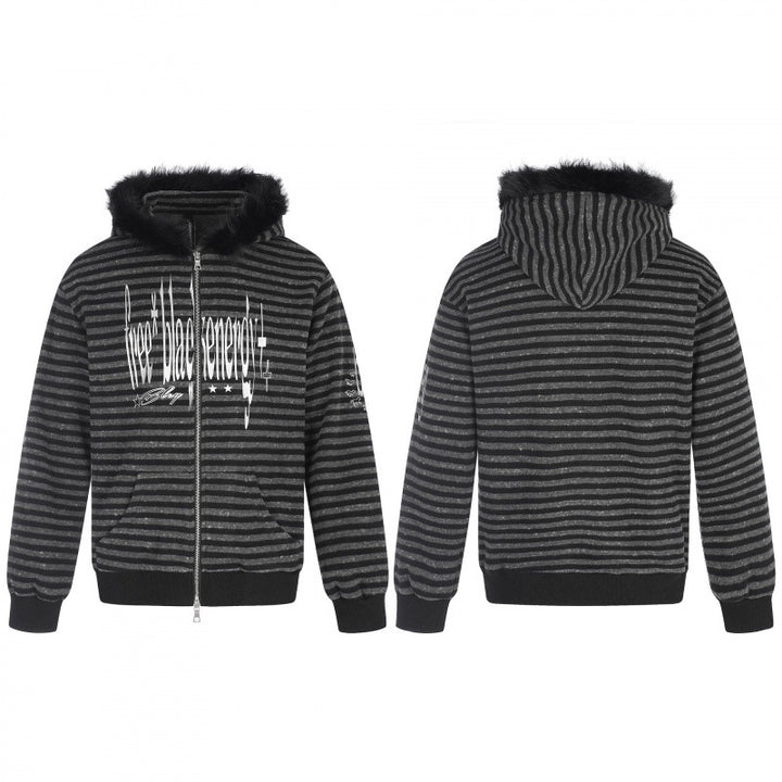 Unisex Striped Hooded Zip Jacket with Faux Fur Hood and Statement Front Print Mune Fashion