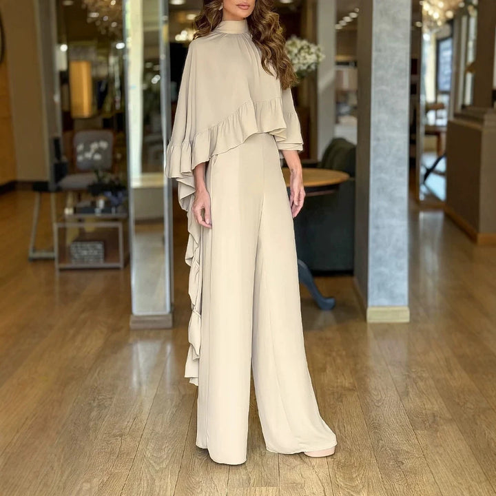Women's Elegant Jumpsuit with Cape Ruffle and Wide Palazzo Pants Leg Drune