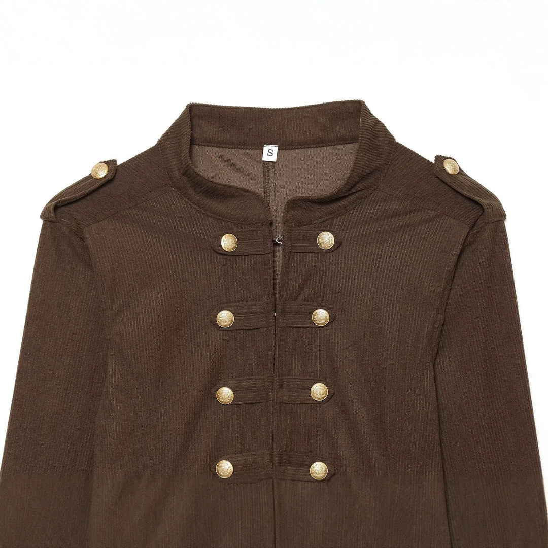 Women Short Military Jacket in Boxy Cut with Stand Collar and Decorative Buttons Drune