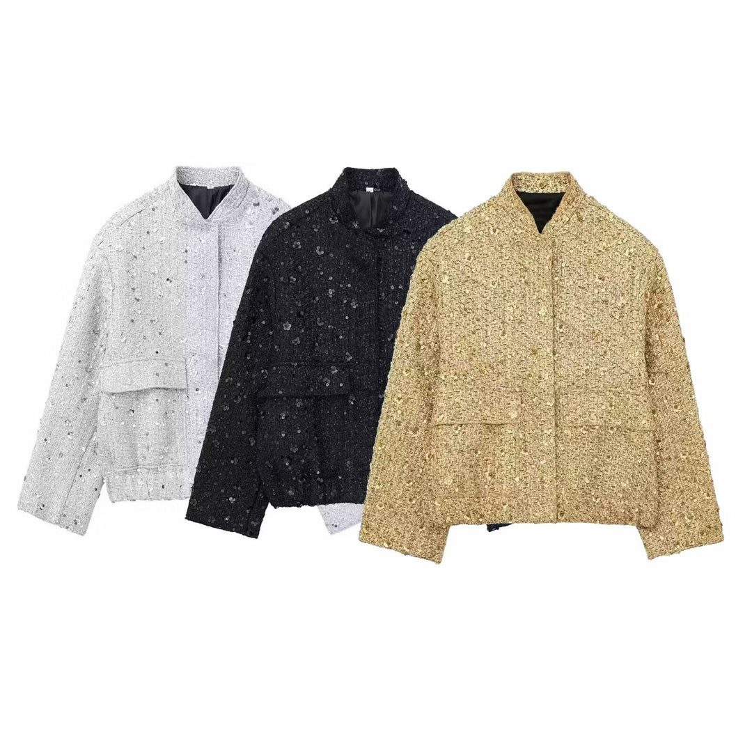 Women's structured bouclé jacket with stand-up collar, patch pockets, and elastic hem Mune Fashion
