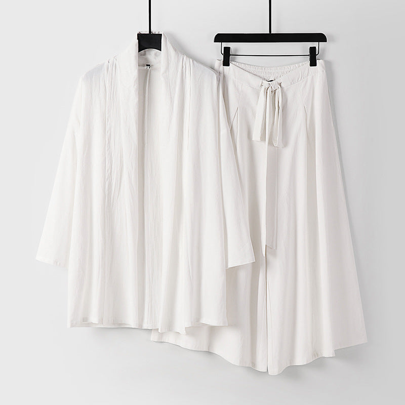 Women Two-Piece Lounge Set in Kimono Style with Open Shawl Collar and Wide Palazzo Skirt Mune Fashion