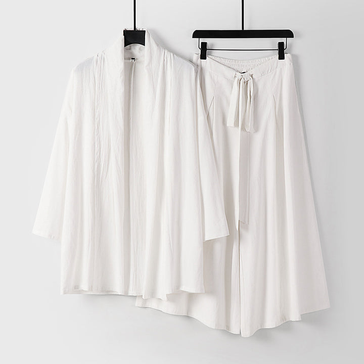 Women Two-Piece Lounge Set in Kimono Style with Open Shawl Collar and Wide Palazzo Skirt Mune Fashion