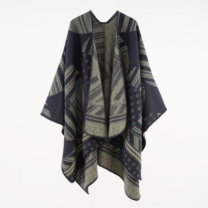 Ladies Jacquard Ruana with graphic pattern and overlock edge Mune Fashion