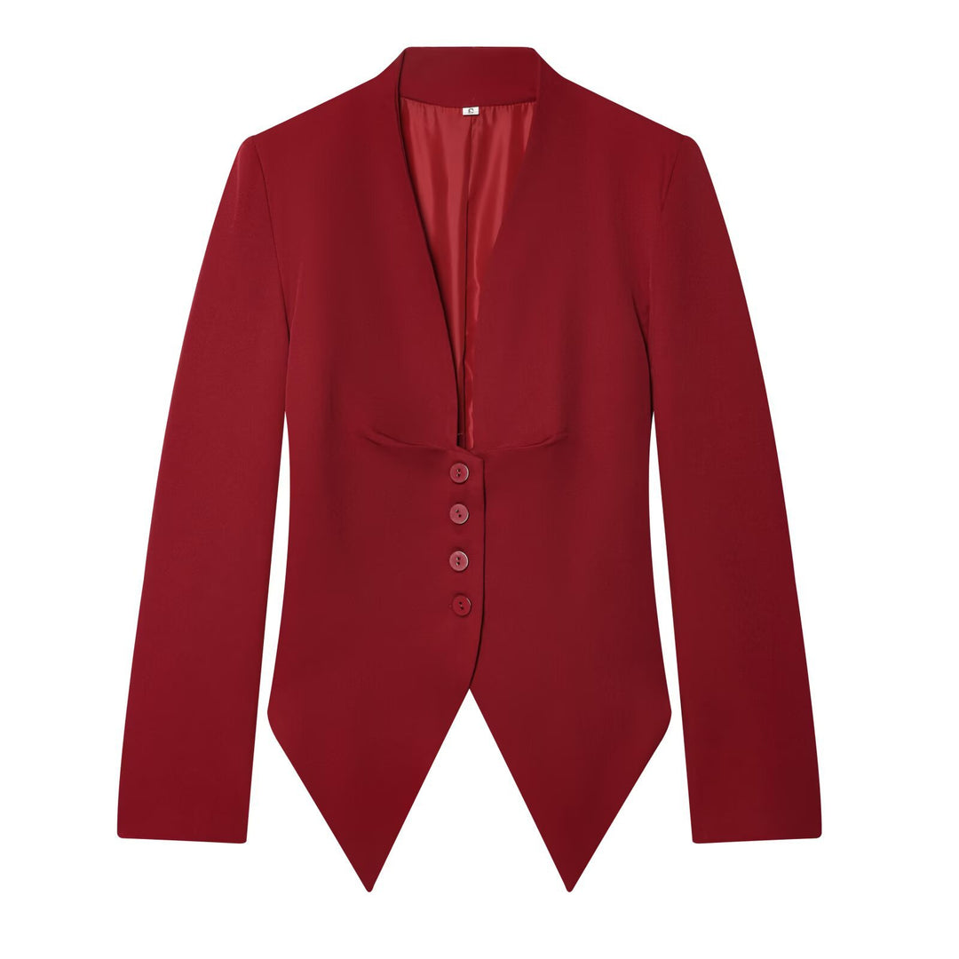 Women's Tailored Cropped Blazer with Pointed Hem and Deep V-Neck Mune Fashion