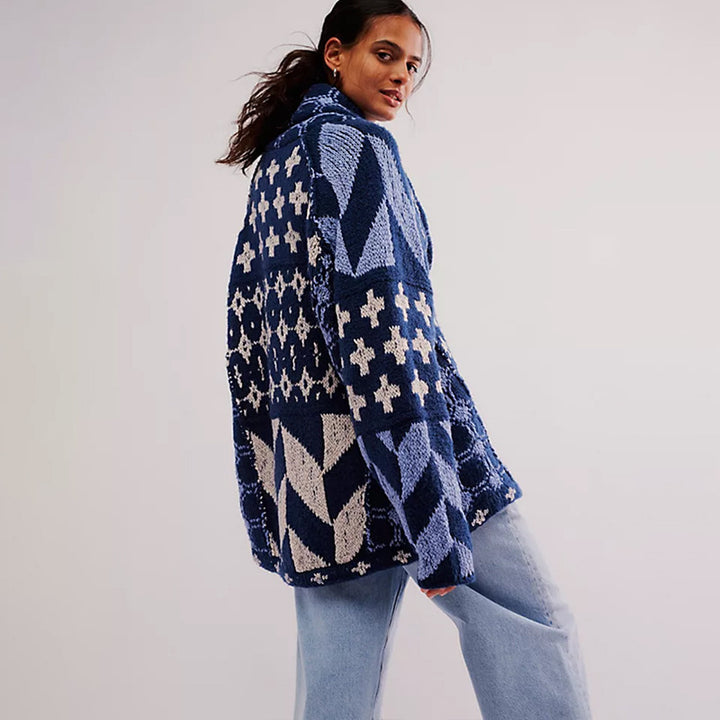 Ladies Oversized Cardigan with Shawl Collar and Graphic Pattern Mune Fashion