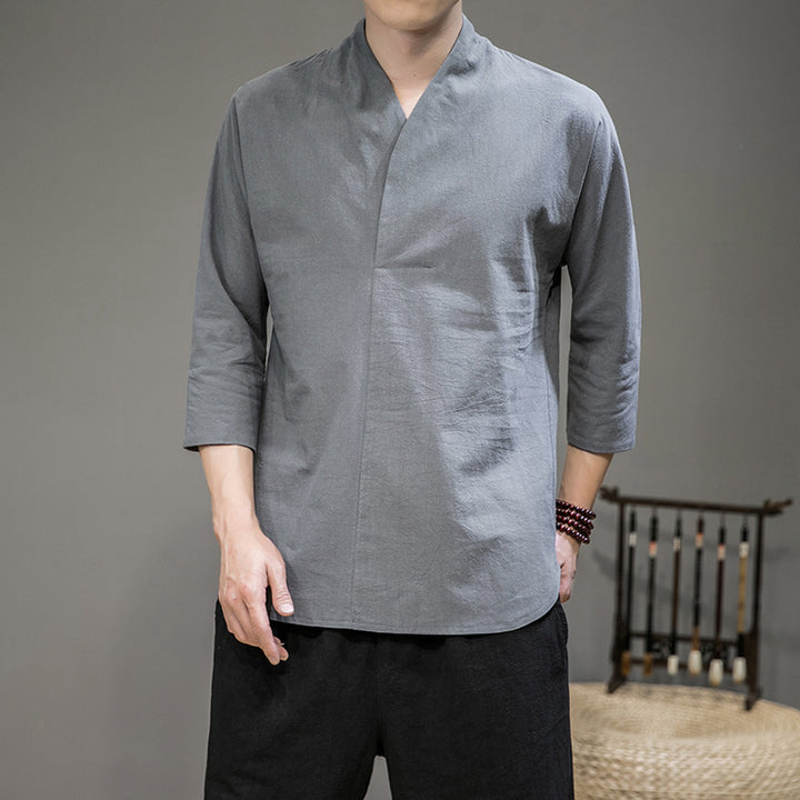 Men's modern cut kimono shirt jacket with V-neck and 3/4 sleeves Mune Fashion