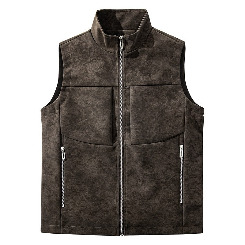 Men's utility vest in velour look with stand-up collar, multi pockets, and full zip Mune Fashion
